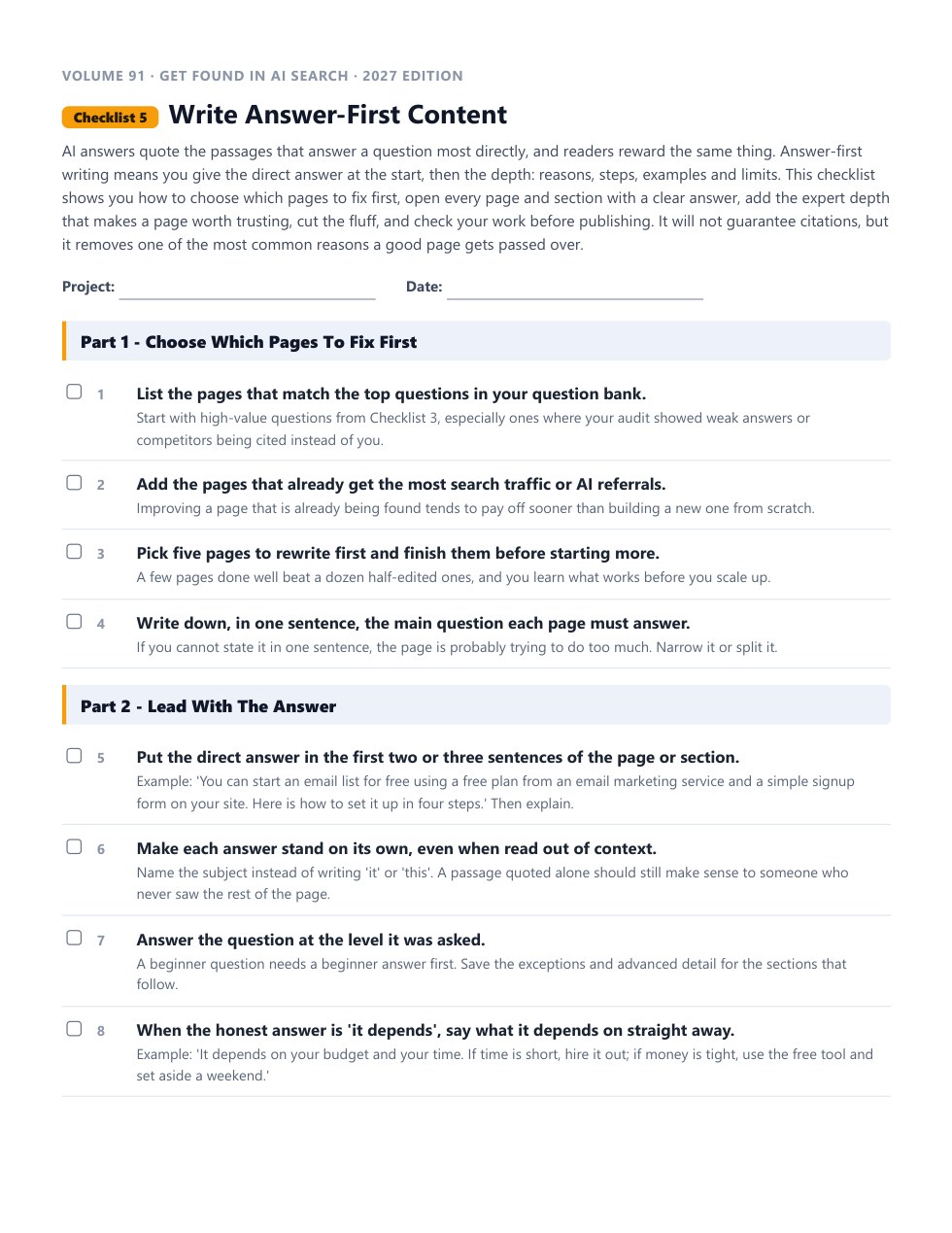 Checklist 5, Write Answer-First Content, as a printable PDF