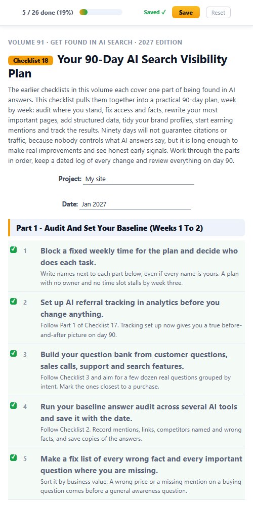 Checklist 18, Your 90-Day AI Search Visibility Plan, ticked off on a phone