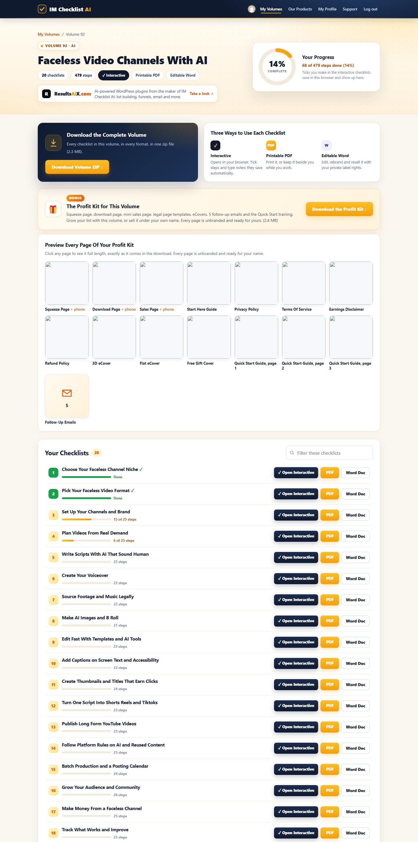 Volume 92 inside the IM Checklist AI members area: 20 checklists with progress, PDF and Word downloads