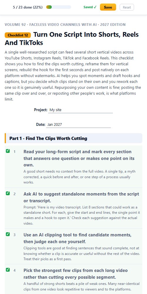 Checklist 12, Turn One Script Into Shorts, Reels And TikToks, ticked off on a phone