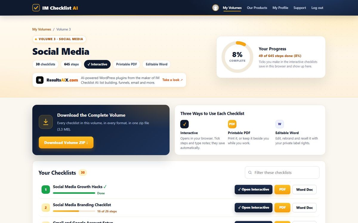 Volume 3, Social Media, inside the IM Checklist AI members area