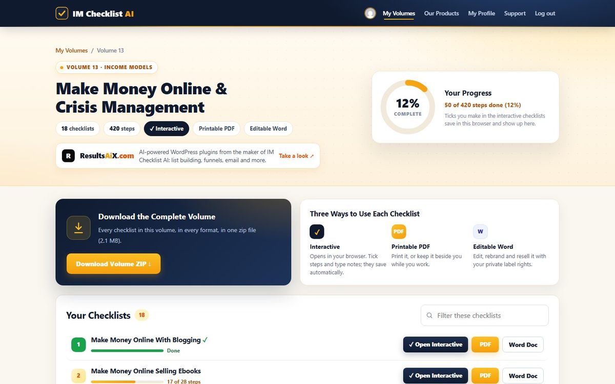 Volume 13, Make Money Online & Crisis Management, inside the IM Checklist AI members area