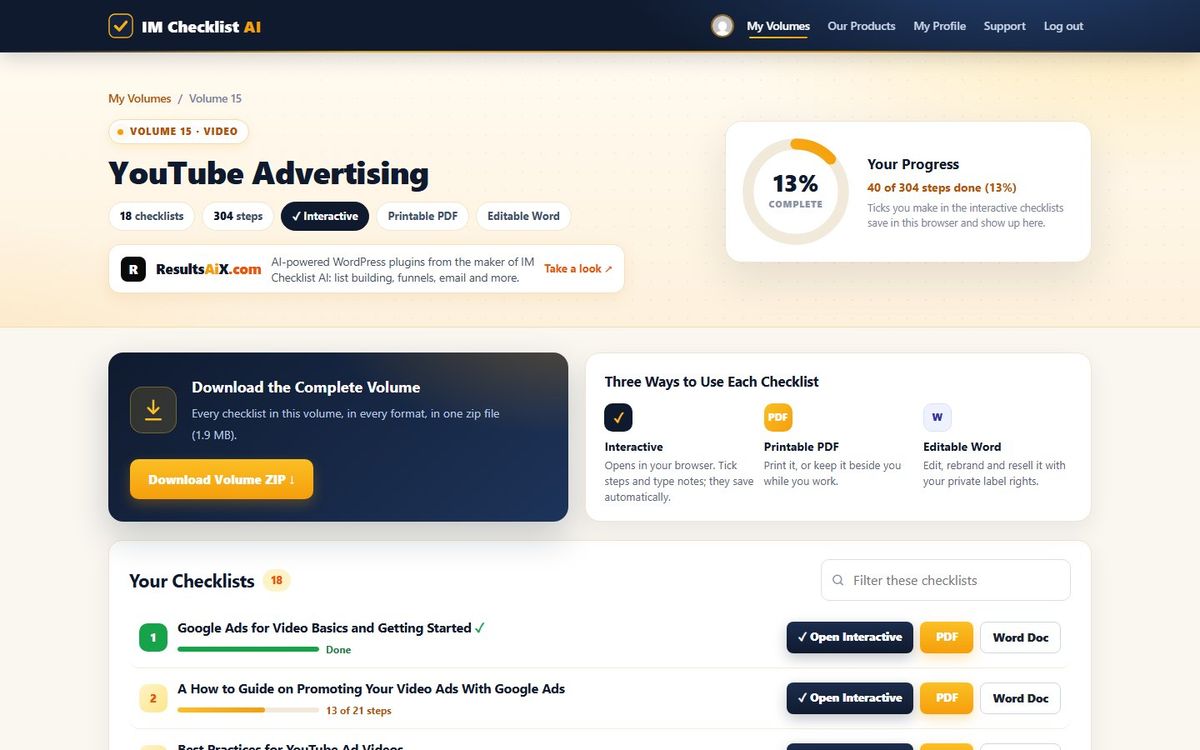 Volume 15, YouTube Advertising, inside the IM Checklist AI members area