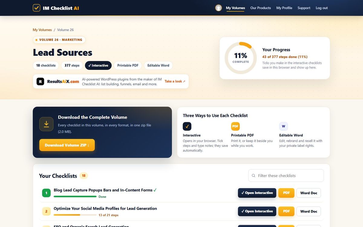 Volume 26, Lead Sources, inside the IM Checklist AI members area