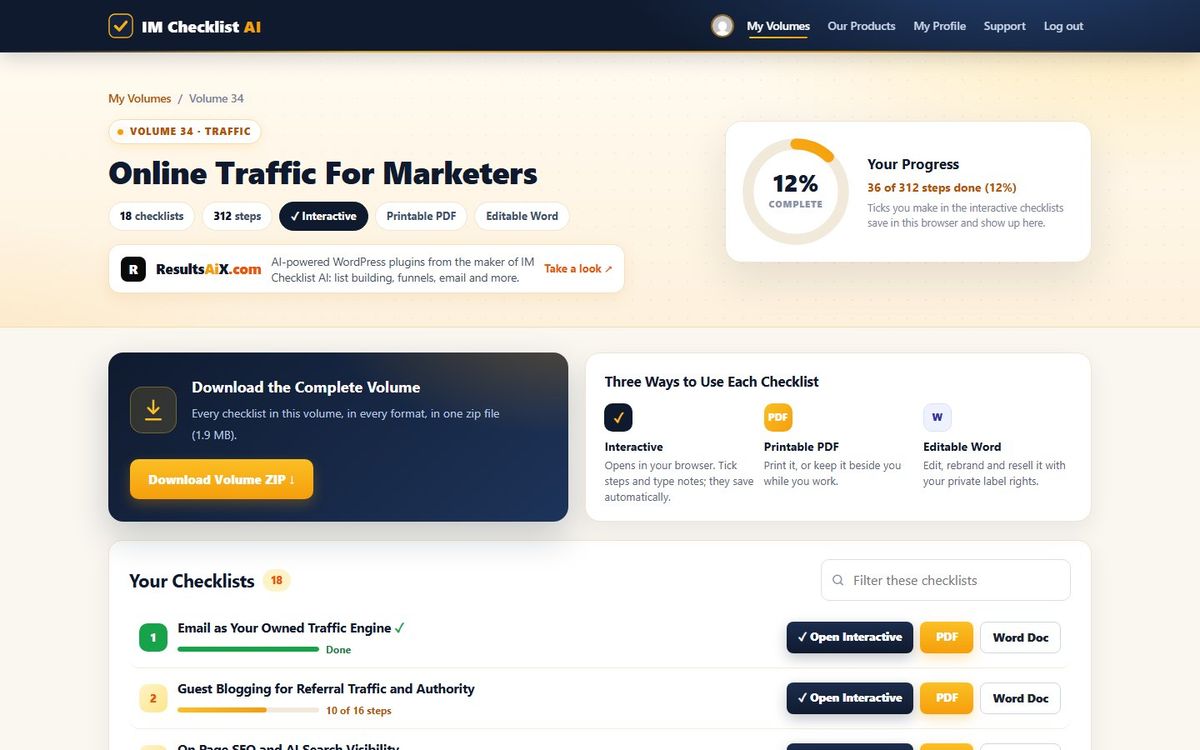 Volume 34, Online Traffic For Marketers, inside the IM Checklist AI members area
