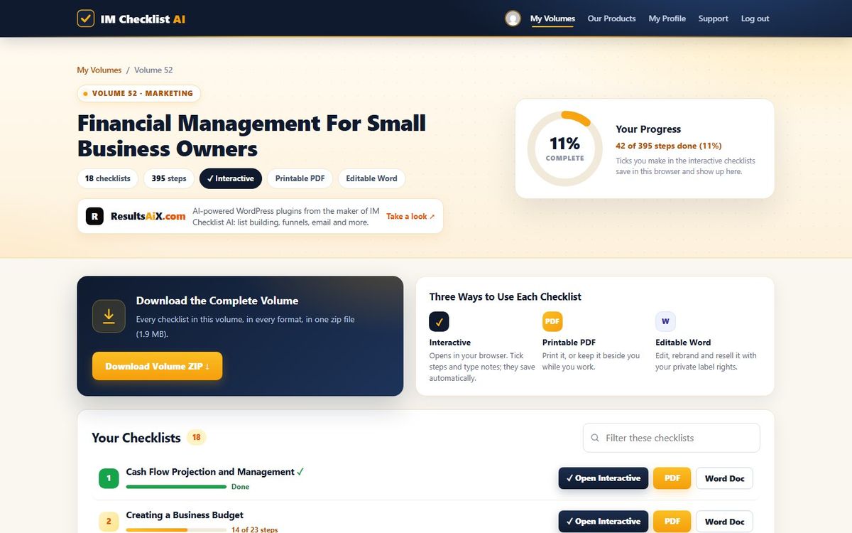Volume 52, Financial Management For Small Business Owners, inside the IM Checklist AI members area