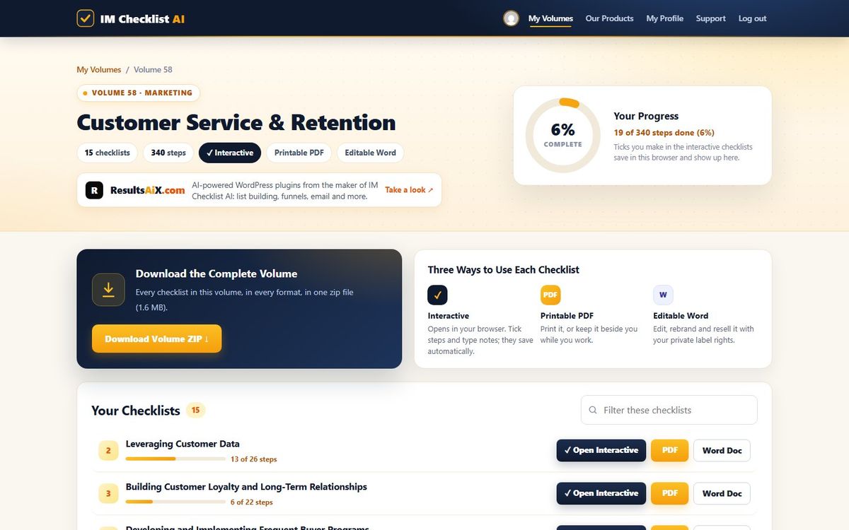 Volume 58, Customer Service & Retention, inside the IM Checklist AI members area