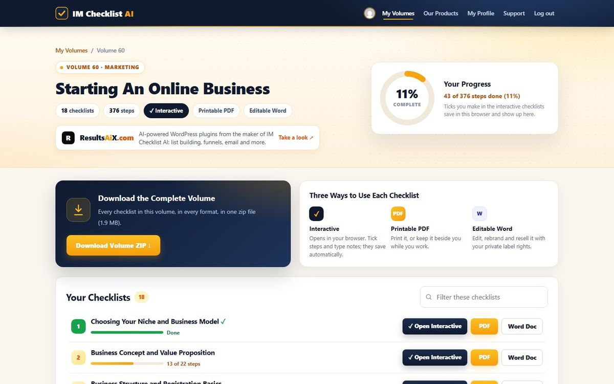 Volume 60, Starting An Online Business, inside the IM Checklist AI members area