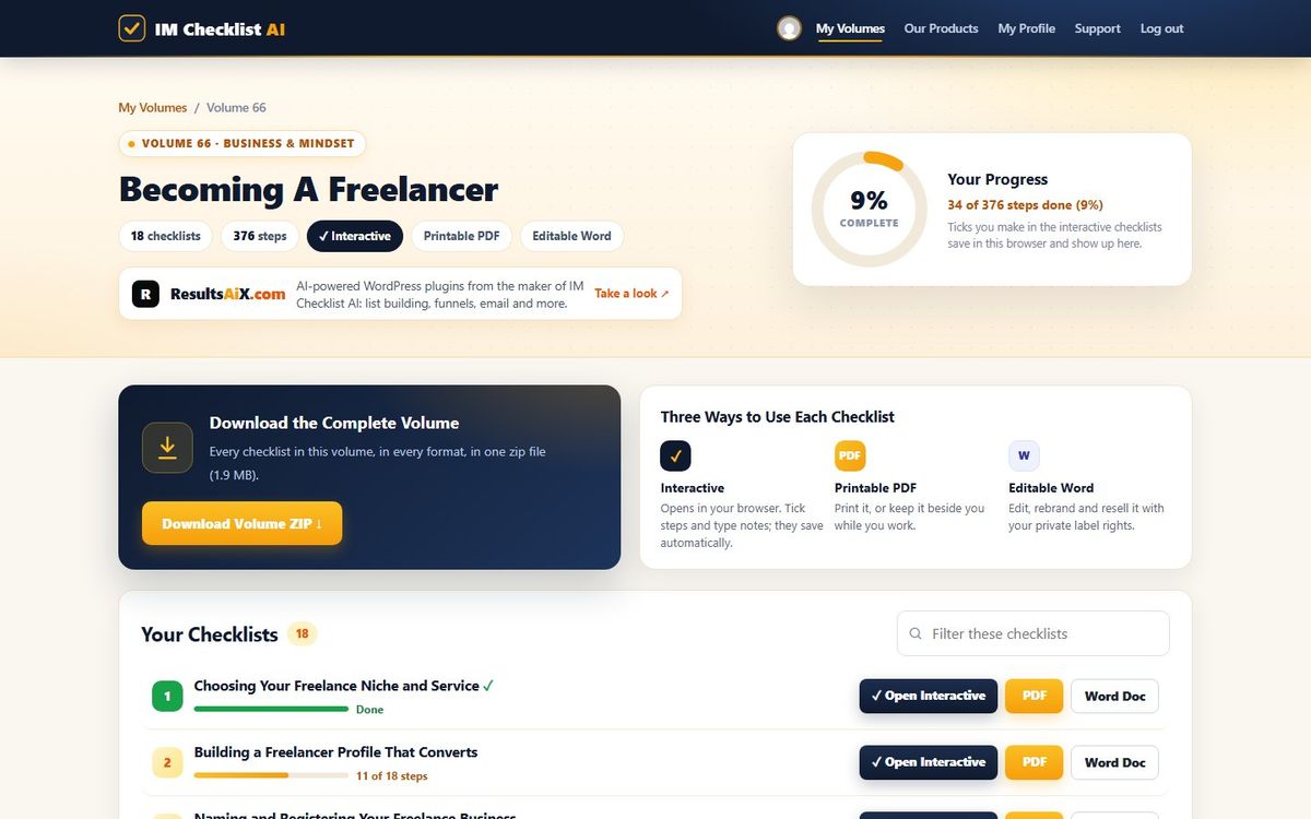 Volume 66, Becoming A Freelancer, inside the IM Checklist AI members area