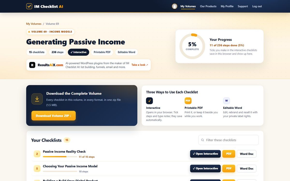 Volume 69, Generating Passive Income, inside the IM Checklist AI members area