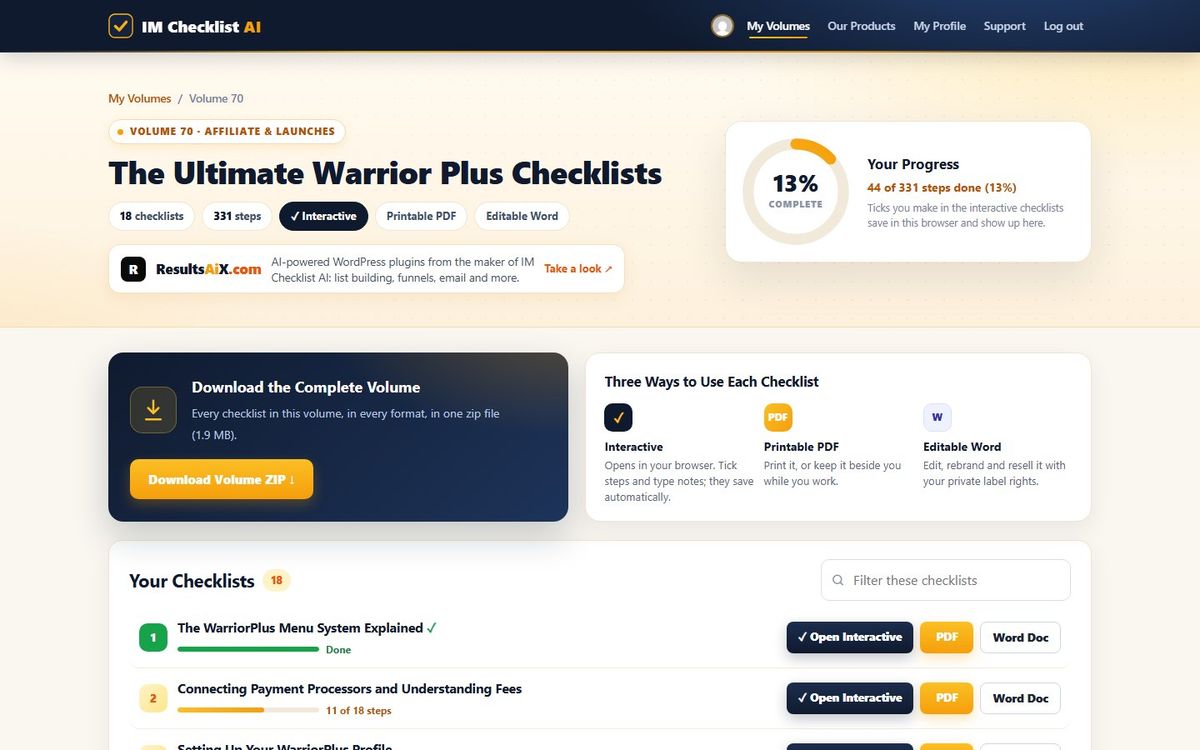 Volume 70, The Ultimate Warrior Plus Checklists, inside the IM Checklist AI members area