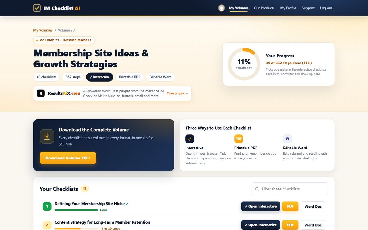 Volume 73, Membership Site Ideas & Growth Strategies, inside the IM Checklist AI members area