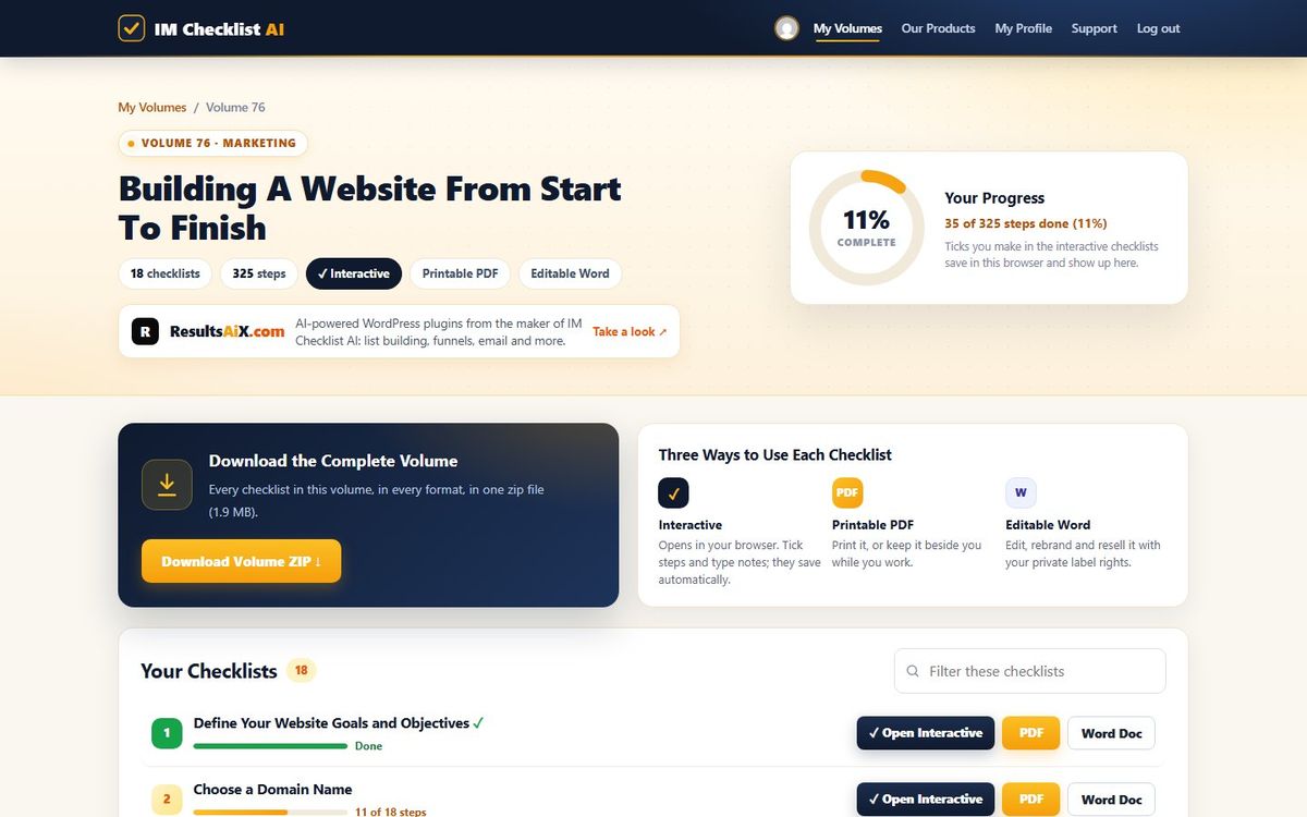 Volume 76, Building A Website From Start To Finish, inside the IM Checklist AI members area